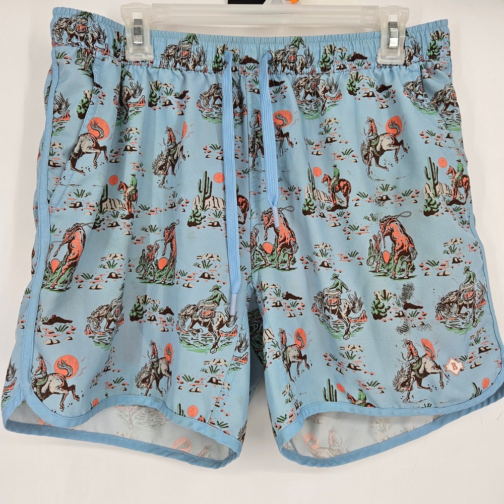 Burlebo Shorts Mens 30 32 Cowboy Up AOP Swim Trunks Performance Gym FLAWS